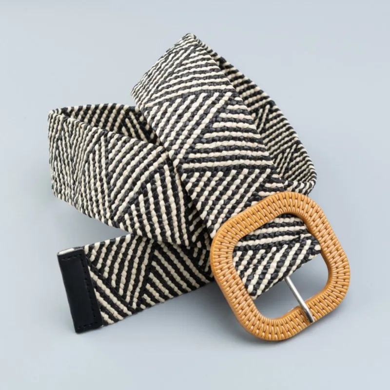 Striped elastic waistband for women's fashion square buckle elastic weaving bohemian style PP grass wide waistband