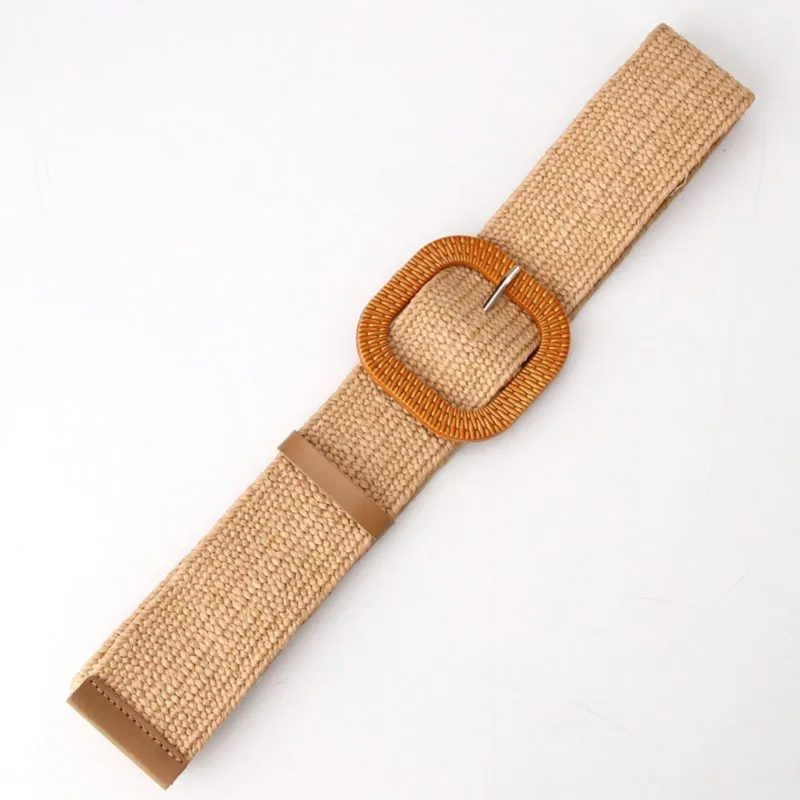 Striped elastic waistband for women's fashion square buckle elastic weaving bohemian style PP grass wide waistband