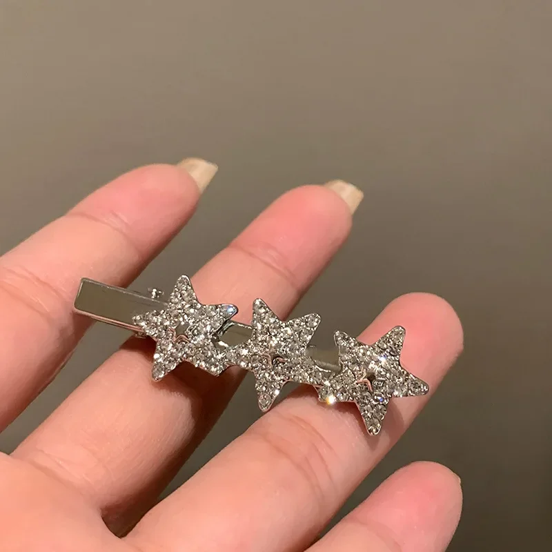 Y2k Stars Full Rhinestones Hair Clips for Women Lovely Girlish Hairpins Metal Duckbill Hairgrip Forehead Bang Ornament Headpiece