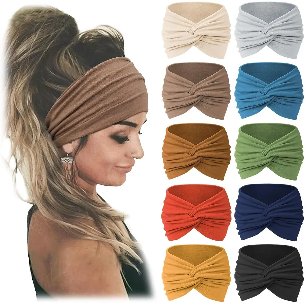 Women Bohemian Headband Cotton Stretch Solid Color Yoga Hair Band Extra Large Elastic Turban Headwear for Daily Cosmetic