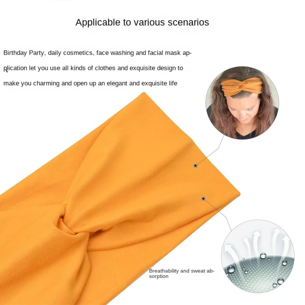 Women Bohemian Headband Cotton Stretch Solid Color Yoga Hair Band Extra Large Elastic Turban Headwear for Daily Cosmetic