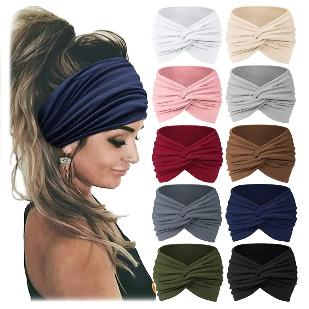 Women Bohemian Headband Cotton Stretch Solid Color Yoga Hair Band Extra Large Elastic Turban Headwear for Daily Cosmetic