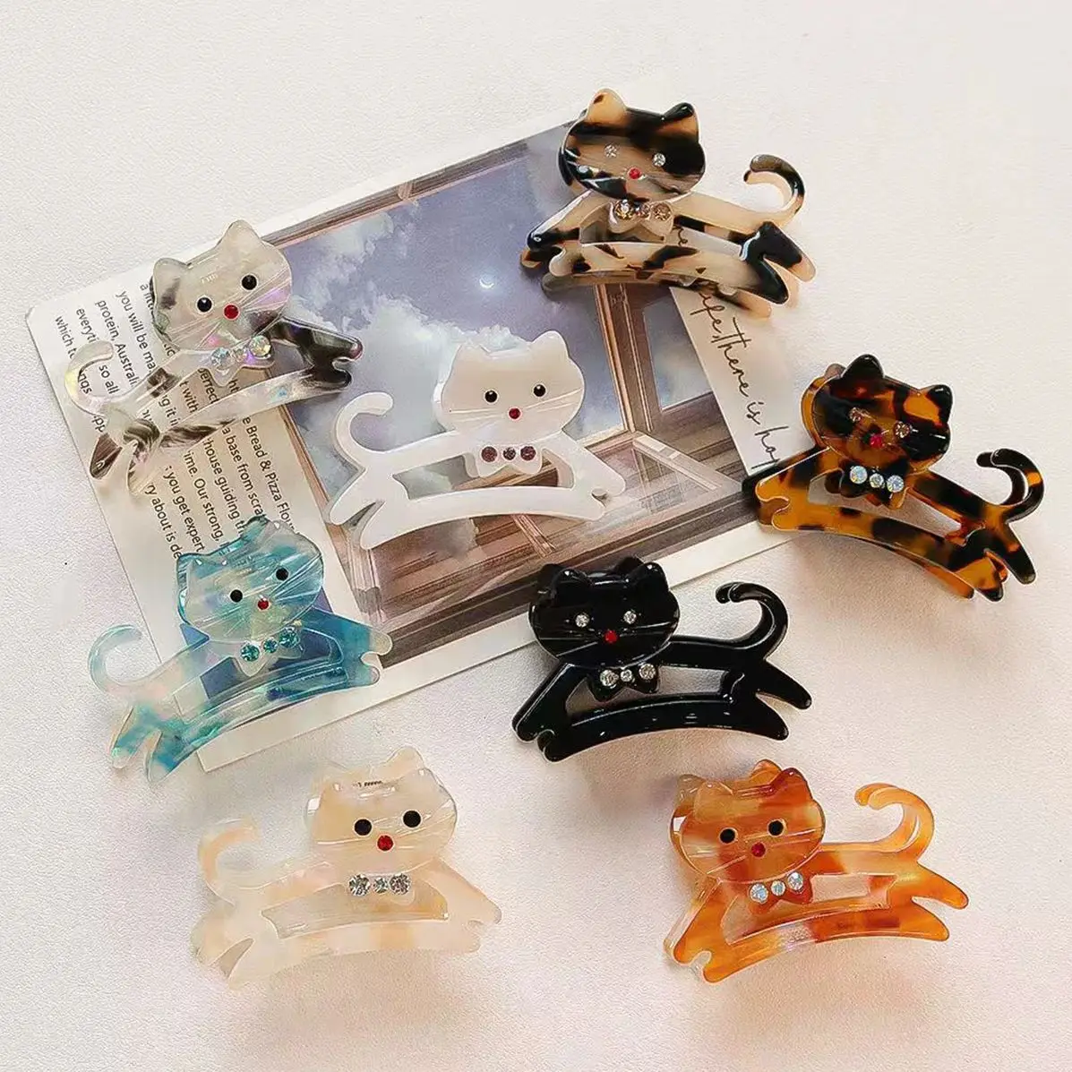1pc Korean Cute Kitten Point Drill Acetic Acid Grab Girl Sweet Side Medium Half a Ponytail Nappy Little Hair Clip