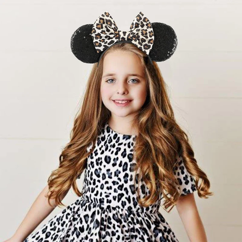 Fashion Classic Leopard Pattern Mickey Mouse Ears Headband 5"Bow Hairband Girls Women Festival Party DIY Hair Accessories Gifts
