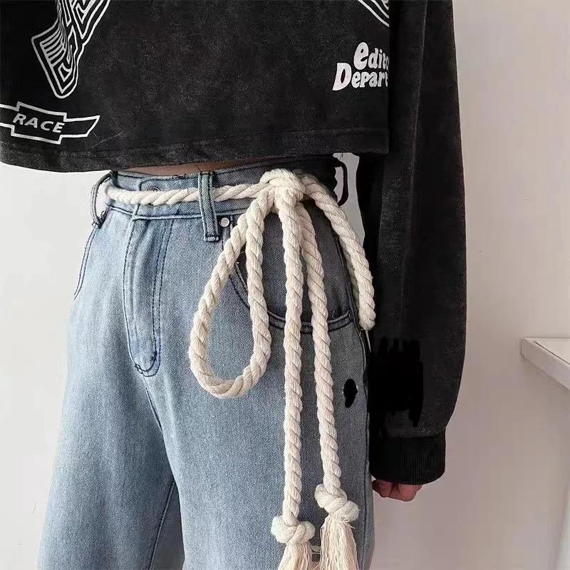 Retro thick rope belt for women ins style decoration versatile jeans belt for students young men's belt