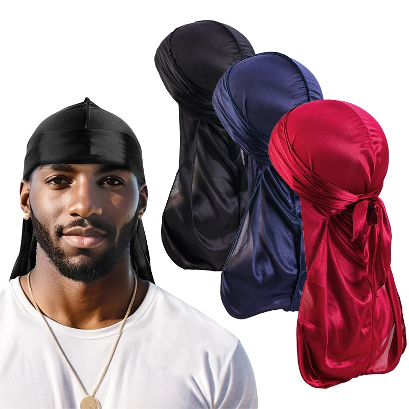 3PCS/LOT Men's Silky Durag Shower Cap Bandana Satin Du Rag Doo Rag Outdoor Travel Street Long Tail Wave Cap Bathroom Accessories
