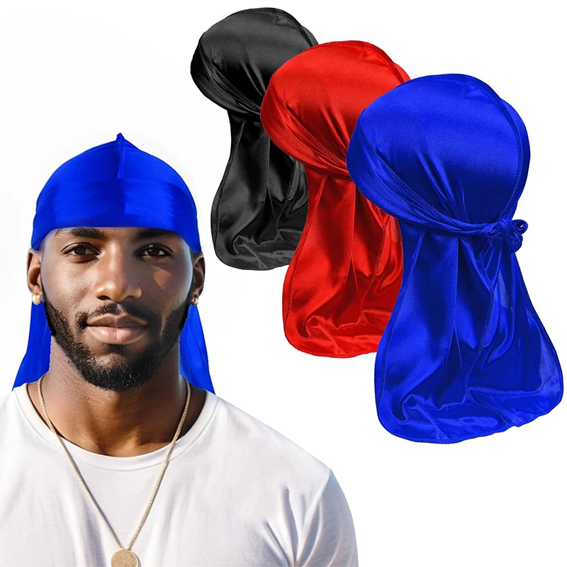 3PCS/LOT Men's Silky Durag Shower Cap Bandana Satin Du Rag Doo Rag Outdoor Travel Street Long Tail Wave Cap Bathroom Accessories