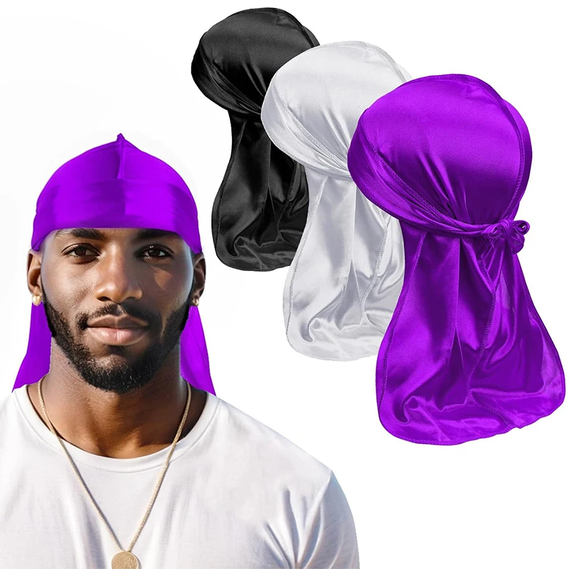 3PCS/LOT Men's Silky Durag Shower Cap Bandana Satin Du Rag Doo Rag Outdoor Travel Street Long Tail Wave Cap Bathroom Accessories