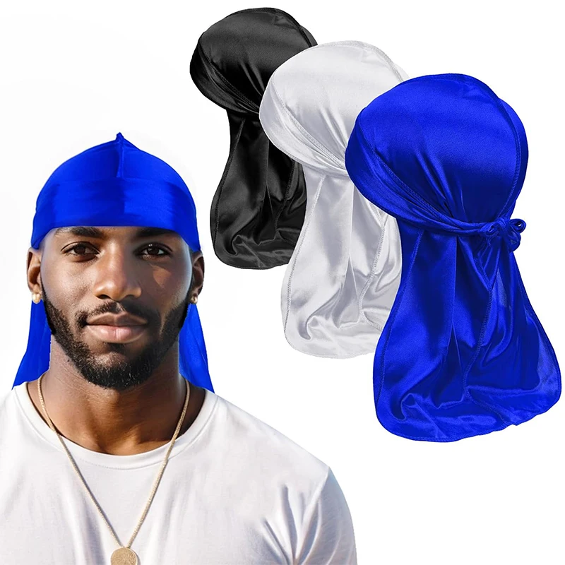3PCS/LOT Men's Silky Durag Shower Cap Bandana Satin Du Rag Doo Rag Outdoor Travel Street Long Tail Wave Cap Bathroom Accessories