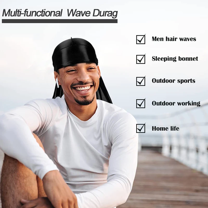 3PCS/LOT Men's Silky Durag Shower Cap Bandana Satin Du Rag Doo Rag Outdoor Travel Street Long Tail Wave Cap Bathroom Accessories