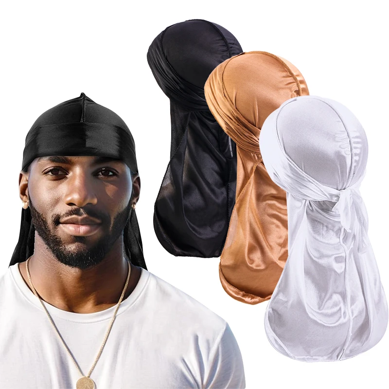 3PCS/LOT Men's Silky Durag Shower Cap Bandana Satin Du Rag Doo Rag Outdoor Travel Street Long Tail Wave Cap Bathroom Accessories