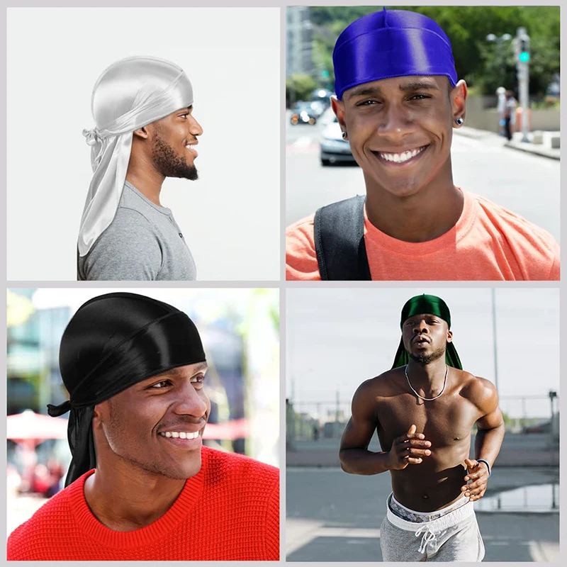 3PCS/LOT Men's Silky Durag Shower Cap Bandana Satin Du Rag Doo Rag Outdoor Travel Street Long Tail Wave Cap Bathroom Accessories