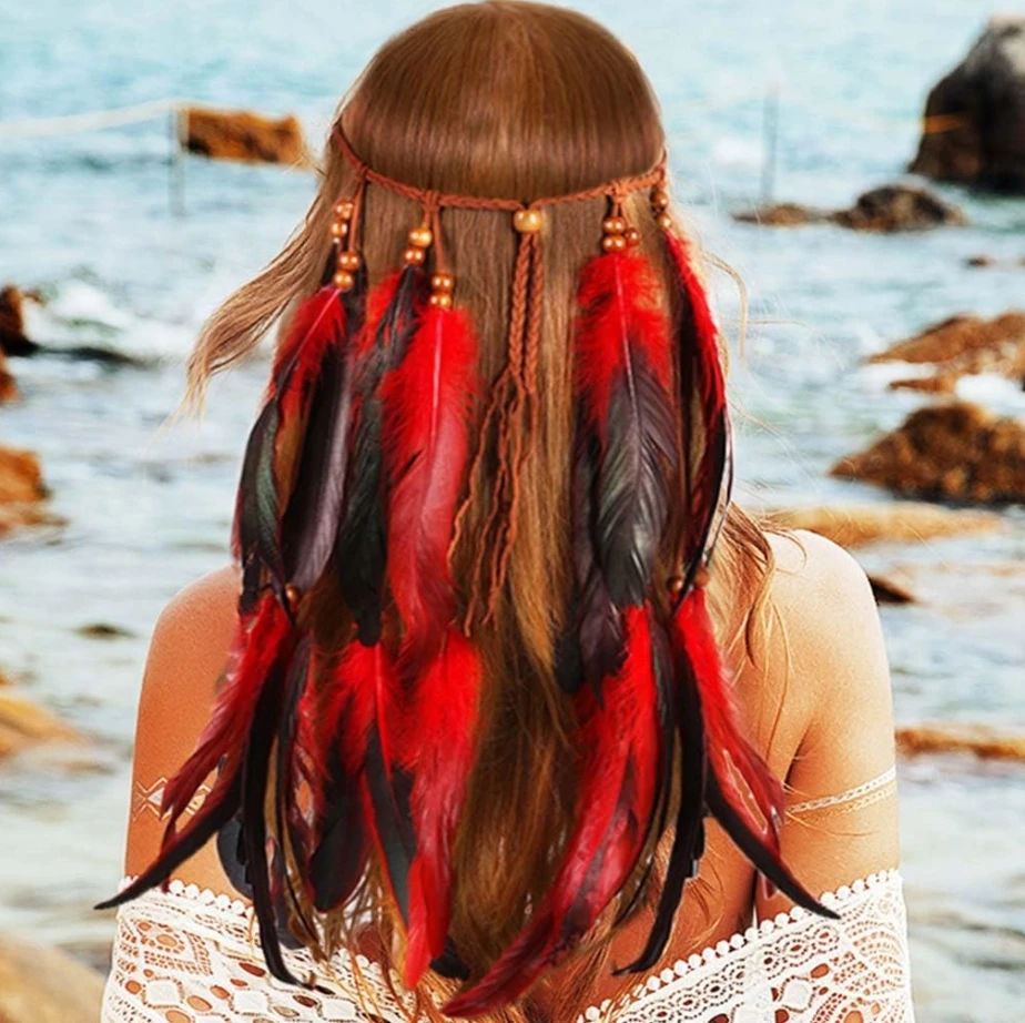 Boho Feather Headband Hippie Headband Gypsy Feather Headpiece Indian Costume Headwear Hair Accessory for Women
