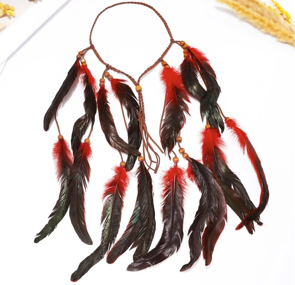 Boho Feather Headband Hippie Headband Gypsy Feather Headpiece Indian Costume Headwear Hair Accessory for Women