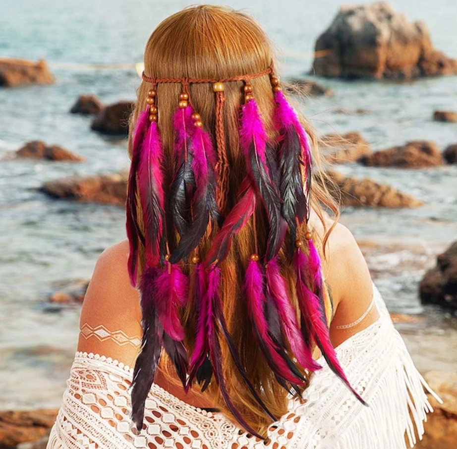 Boho Feather Headband Hippie Headband Gypsy Feather Headpiece Indian Costume Headwear Hair Accessory for Women