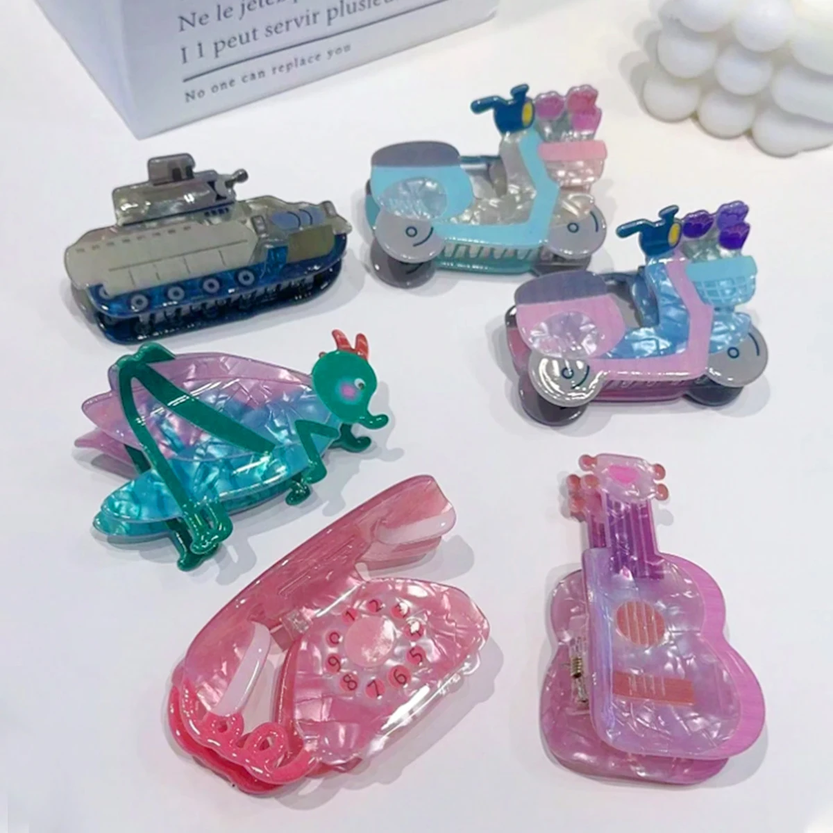 1pc Women's Guitar,Electromobile,Antique Telephone,Mantis and Tank Acrylic Hair Claw Hair Accessory