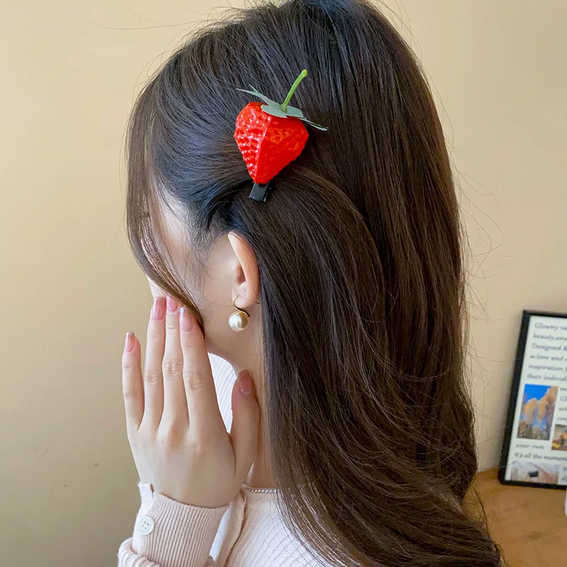 Fun Simulation Fruits Food Strawberry Cherry Grass Creative Design Bangs Duckbill Hair Clips Funny Cute Kawaii Head Accessories