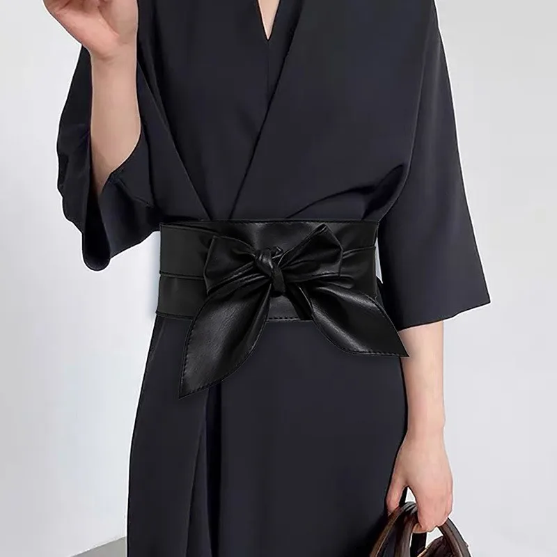 Ladies' Fashionable Wide Waistband, Elegant Bow Ribbon, Knotted Waistband, Leather Decorative Waistband
