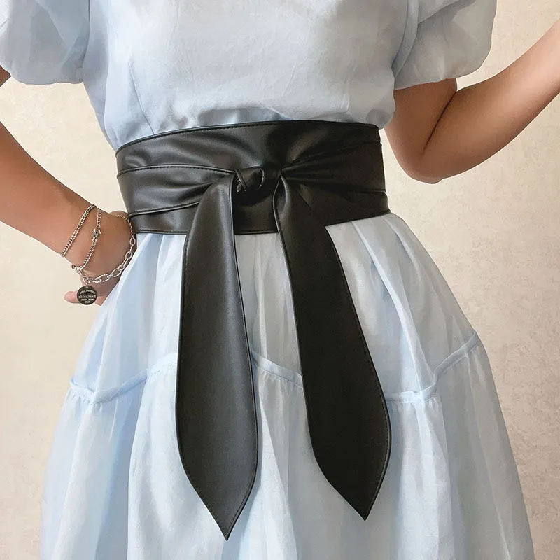 Ladies' Fashionable Wide Waistband, Elegant Bow Ribbon, Knotted Waistband, Leather Decorative Waistband