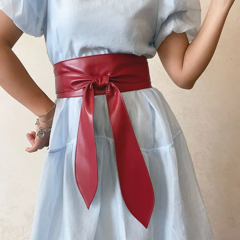 Ladies' Fashionable Wide Waistband, Elegant Bow Ribbon, Knotted Waistband, Leather Decorative Waistband