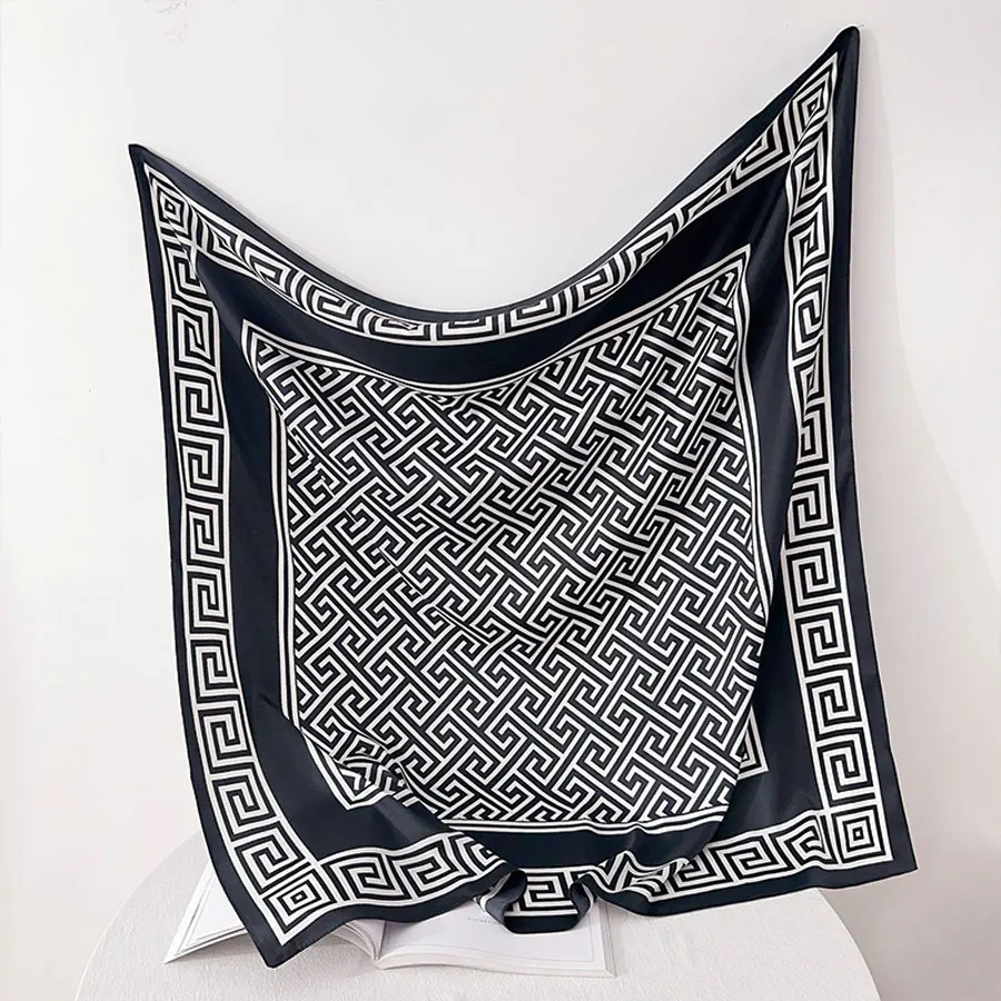 New Fashion Luxury Printing 90*90CM Women Scarf Satin Twill Square Big Shawl Elegant Headscarf Beach Sun Protection Bandana