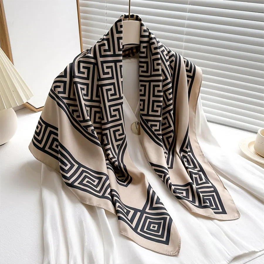 New Fashion Luxury Printing 90*90CM Women Scarf Satin Twill Square Big Shawl Elegant Headscarf Beach Sun Protection Bandana