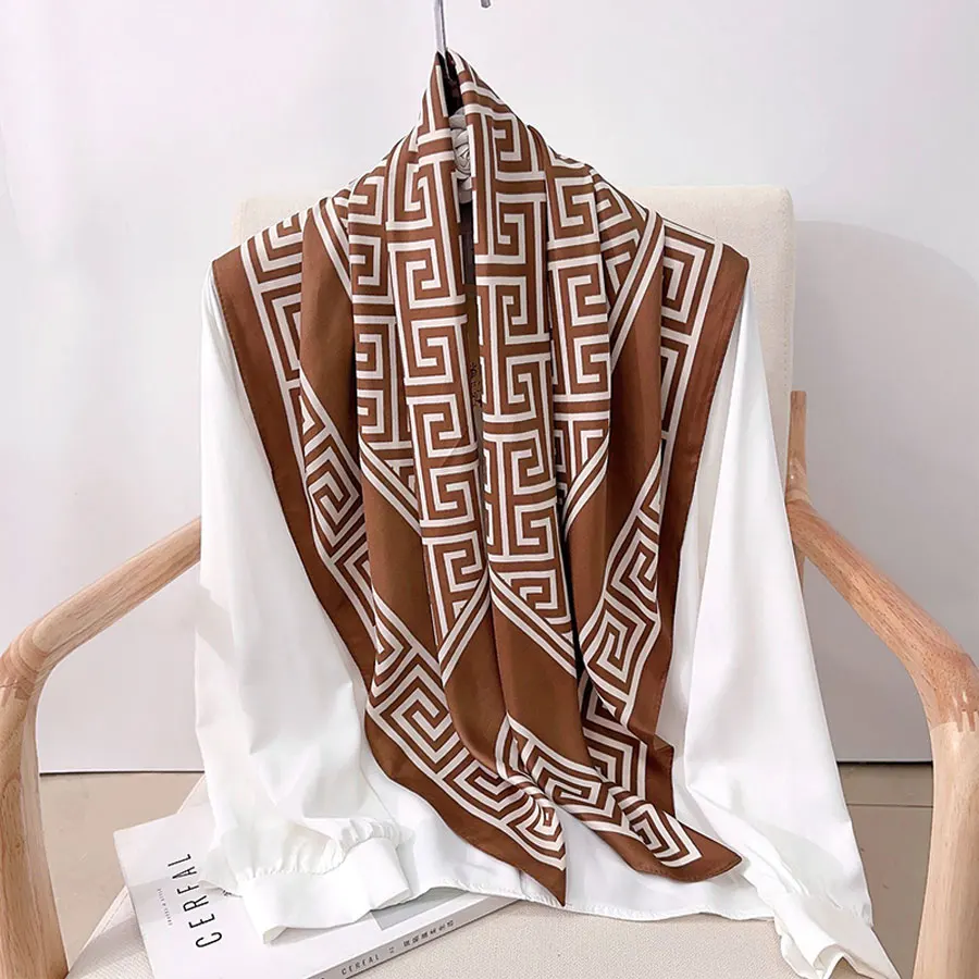 New Fashion Luxury Printing 90*90CM Women Scarf Satin Twill Square Big Shawl Elegant Headscarf Beach Sun Protection Bandana