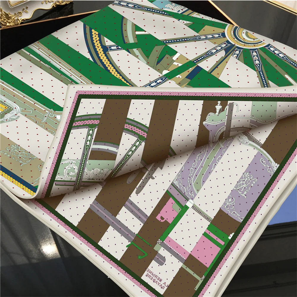 POBING Hand Rolled Twill Silk Scarf Women Horse Wheel Double Print Square Scarves Wraps Echarpes Foulards Femme Hijab 90CM