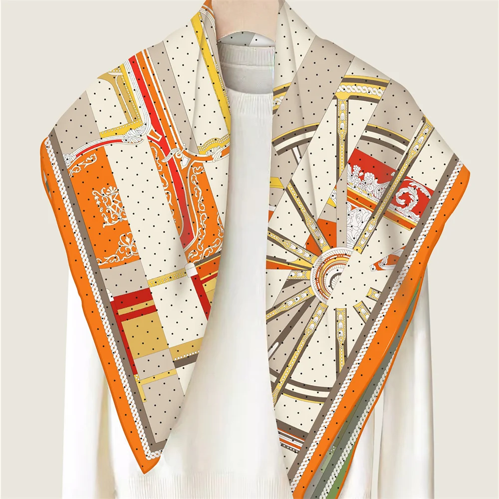 POBING Hand Rolled Twill Silk Scarf Women Horse Wheel Double Print Square Scarves Wraps Echarpes Foulards Femme Hijab 90CM