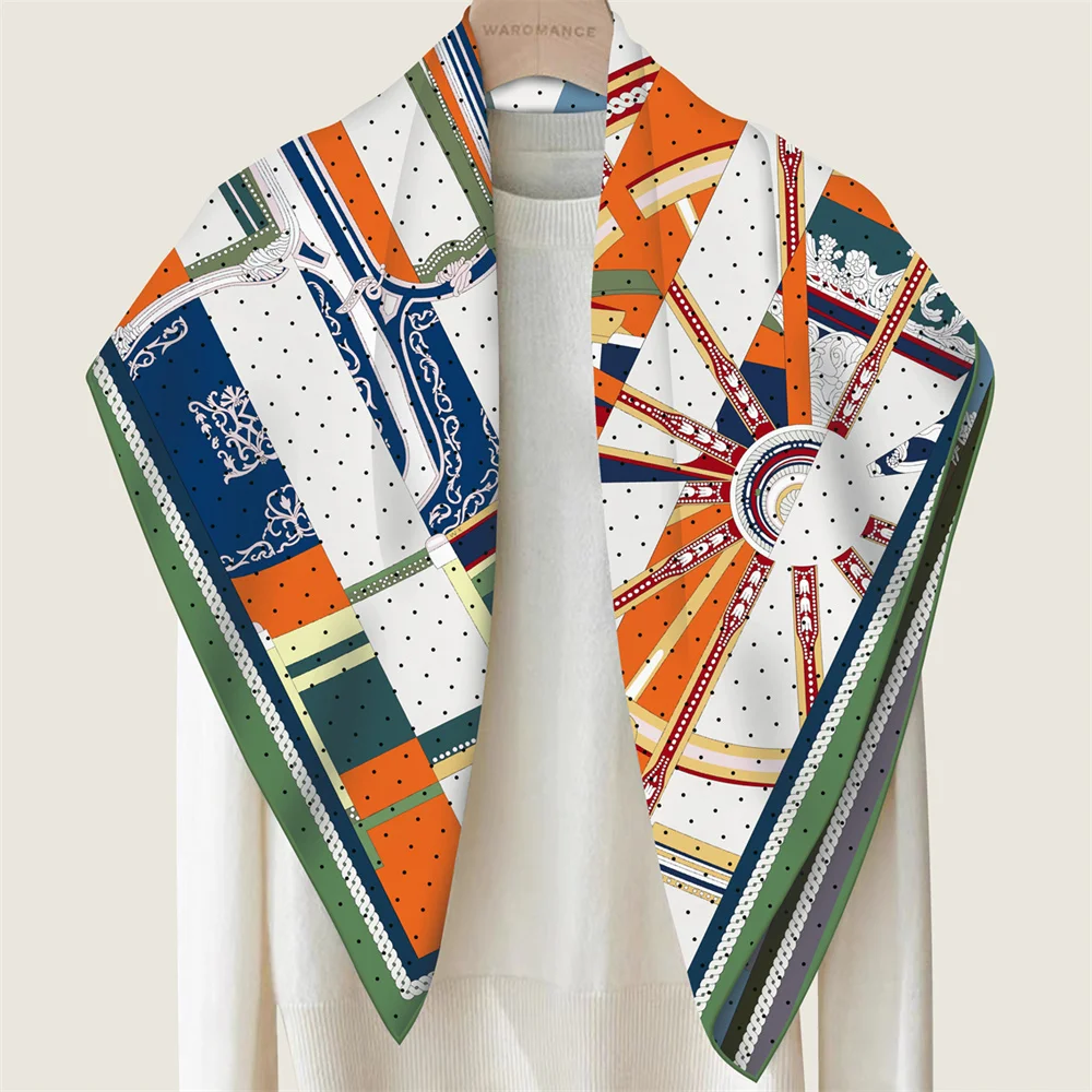 POBING Hand Rolled Twill Silk Scarf Women Horse Wheel Double Print Square Scarves Wraps Echarpes Foulards Femme Hijab 90CM
