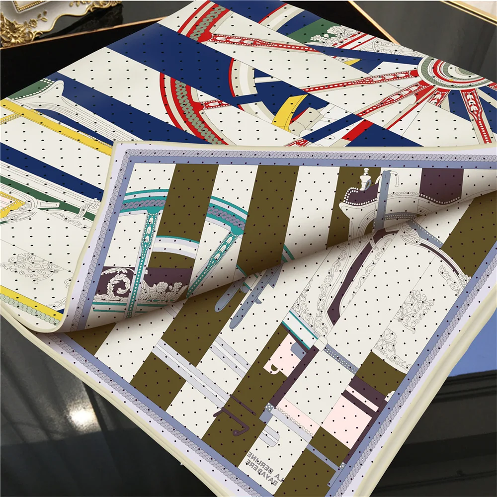 POBING Hand Rolled Twill Silk Scarf Women Horse Wheel Double Print Square Scarves Wraps Echarpes Foulards Femme Hijab 90CM
