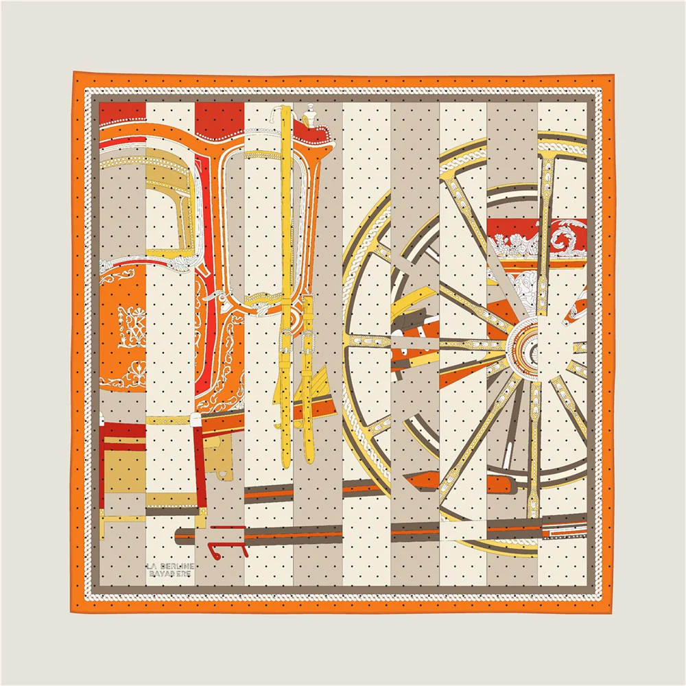 POBING Hand Rolled Twill Silk Scarf Women Horse Wheel Double Print Square Scarves Wraps Echarpes Foulards Femme Hijab 90CM