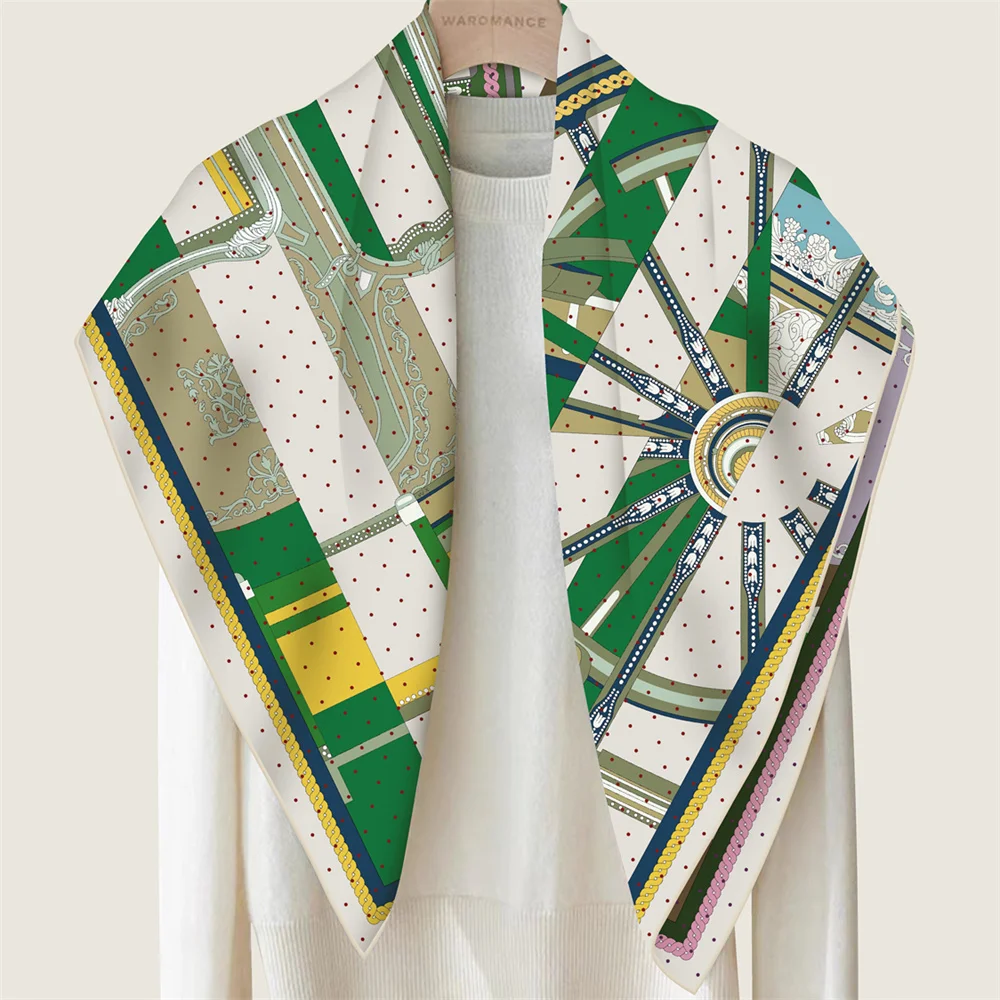POBING Hand Rolled Twill Silk Scarf Women Horse Wheel Double Print Square Scarves Wraps Echarpes Foulards Femme Hijab 90CM