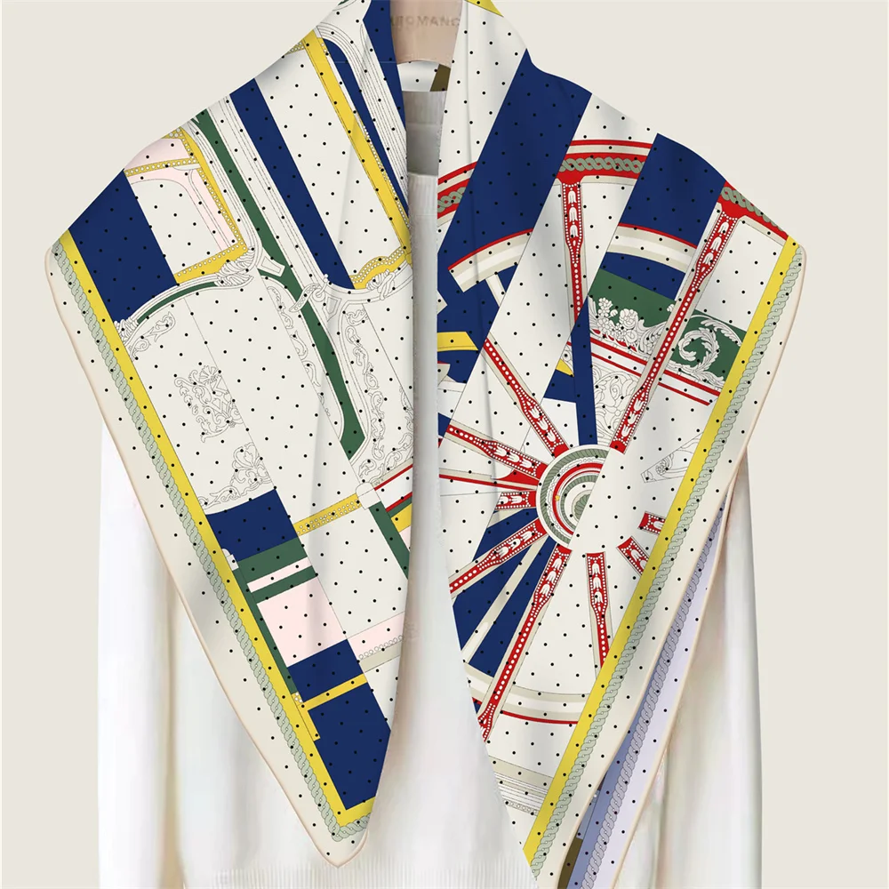 POBING Hand Rolled Twill Silk Scarf Women Horse Wheel Double Print Square Scarves Wraps Echarpes Foulards Femme Hijab 90CM