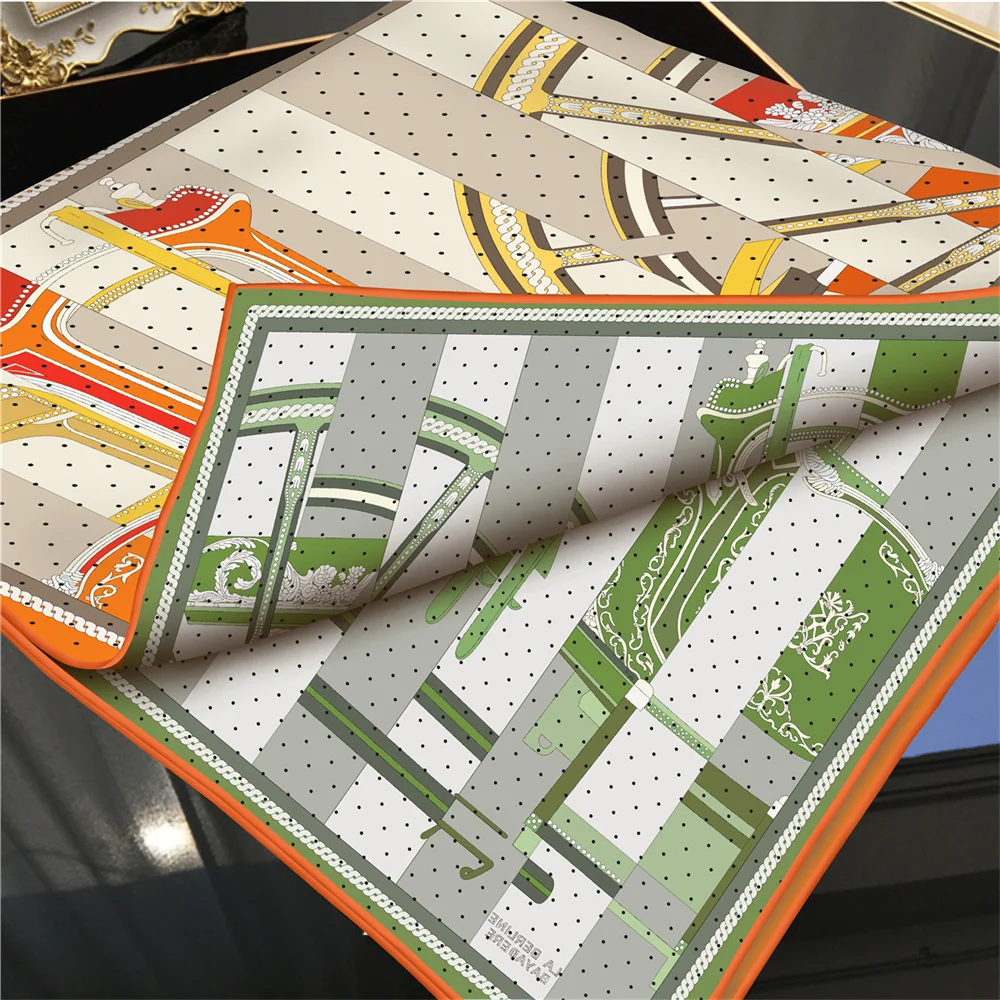 POBING Hand Rolled Twill Silk Scarf Women Horse Wheel Double Print Square Scarves Wraps Echarpes Foulards Femme Hijab 90CM