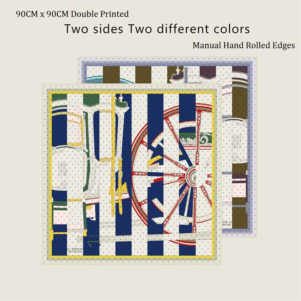 POBING Hand Rolled Twill Silk Scarf Women Horse Wheel Double Print Square Scarves Wraps Echarpes Foulards Femme Hijab 90CM