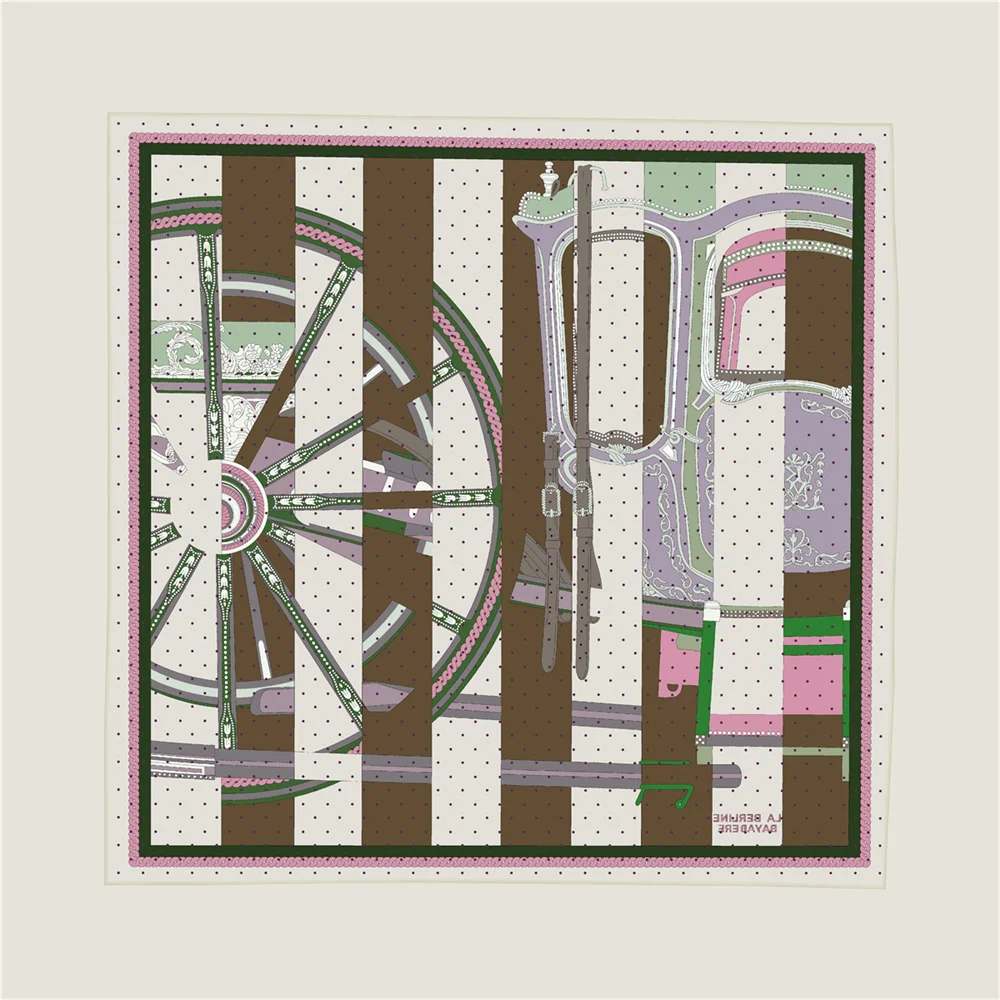POBING Hand Rolled Twill Silk Scarf Women Horse Wheel Double Print Square Scarves Wraps Echarpes Foulards Femme Hijab 90CM