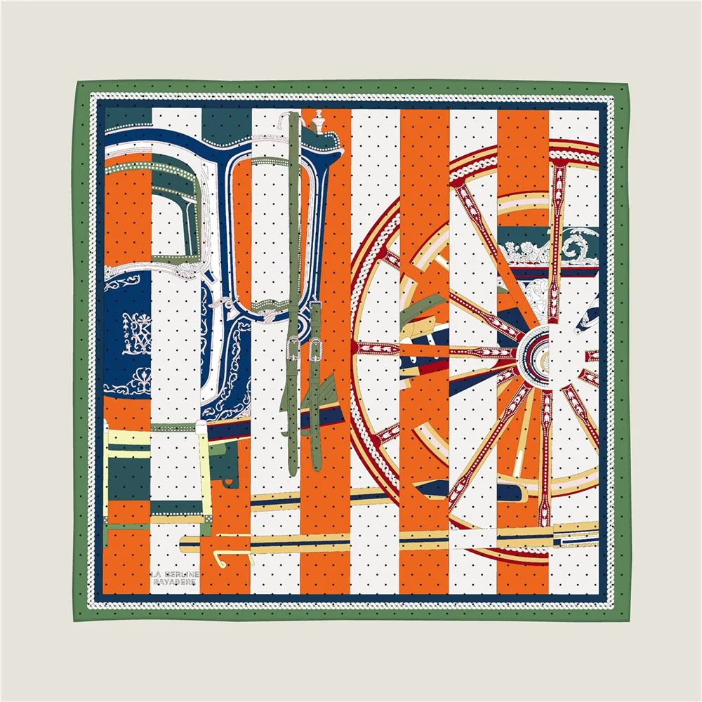 POBING Hand Rolled Twill Silk Scarf Women Horse Wheel Double Print Square Scarves Wraps Echarpes Foulards Femme Hijab 90CM