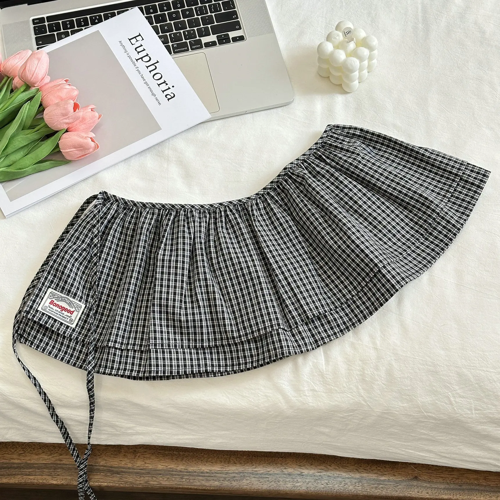 Korea Style 2025 New Fashionable Retro Lace-up Plaid Decorative Double-Layer Fart Curtain Cotton Skirt Women's Fashion Skirt