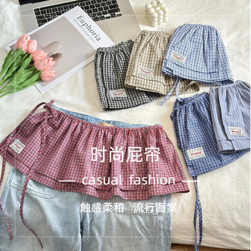 Korea Style 2025 New Fashionable Retro Lace-up Plaid Decorative Double-Layer Fart Curtain Cotton Skirt Women's Fashion Skirt