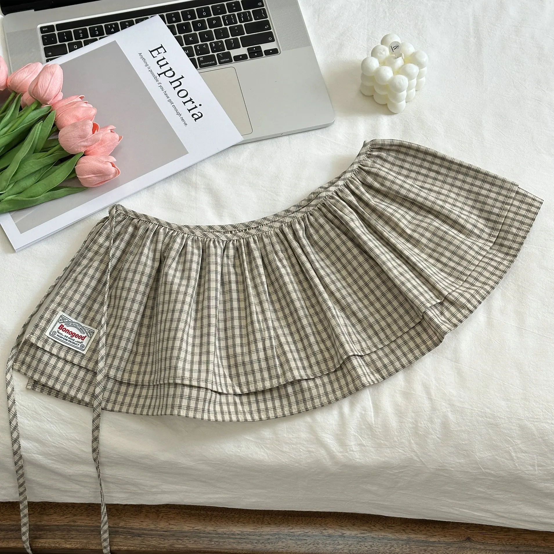 Korea Style 2025 New Fashionable Retro Lace-up Plaid Decorative Double-Layer Fart Curtain Cotton Skirt Women's Fashion Skirt