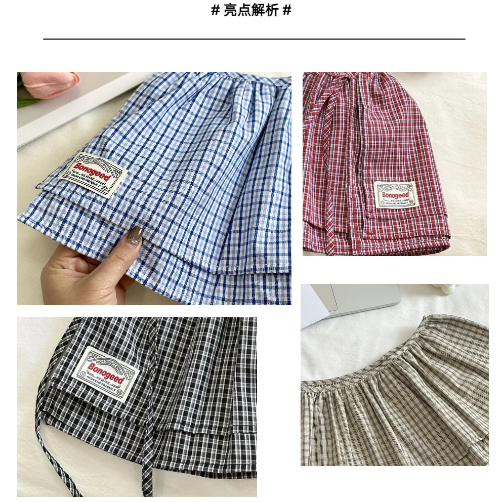 Korea Style 2025 New Fashionable Retro Lace-up Plaid Decorative Double-Layer Fart Curtain Cotton Skirt Women's Fashion Skirt