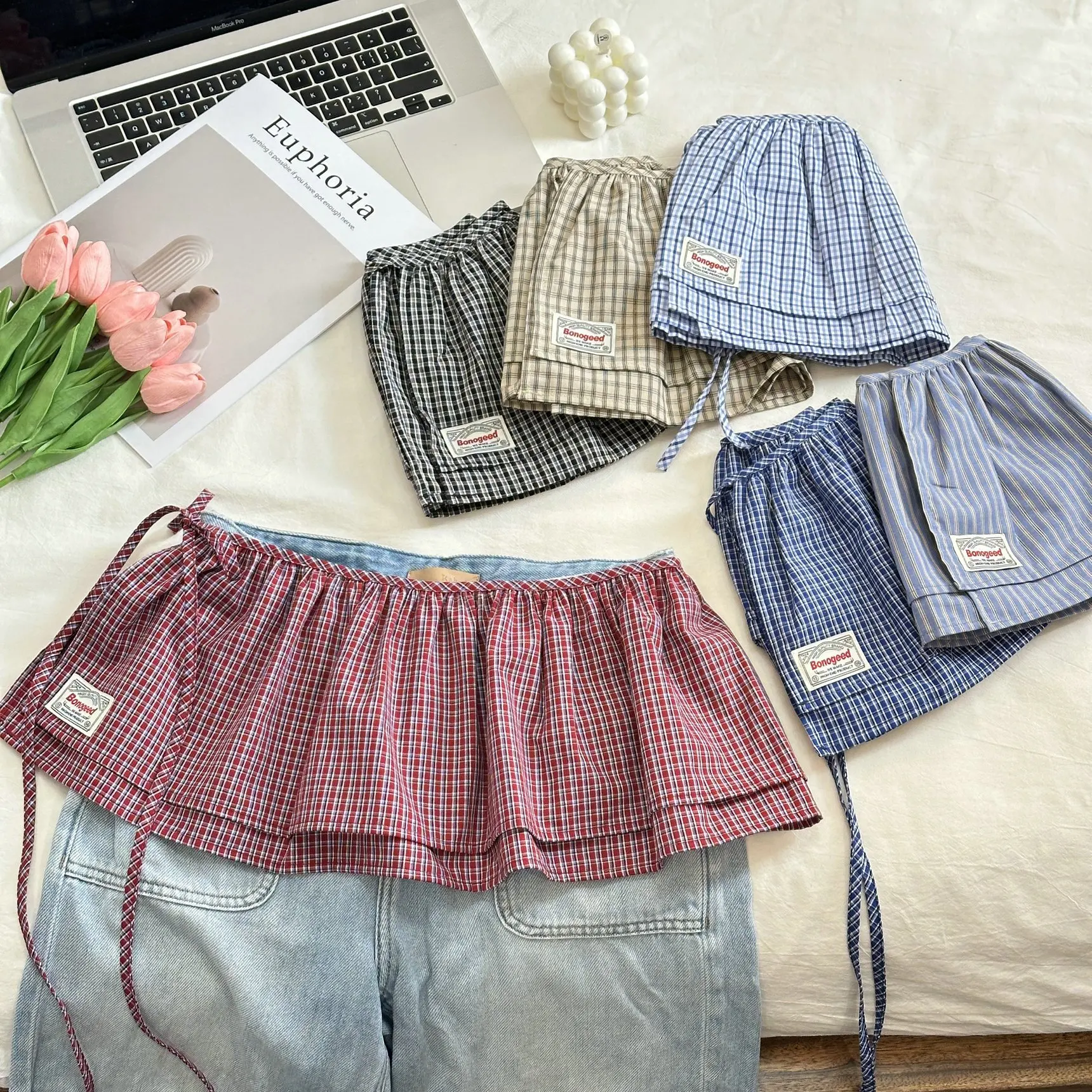 Korea Style 2025 New Fashionable Retro Lace-up Plaid Decorative Double-Layer Fart Curtain Cotton Skirt Women's Fashion Skirt