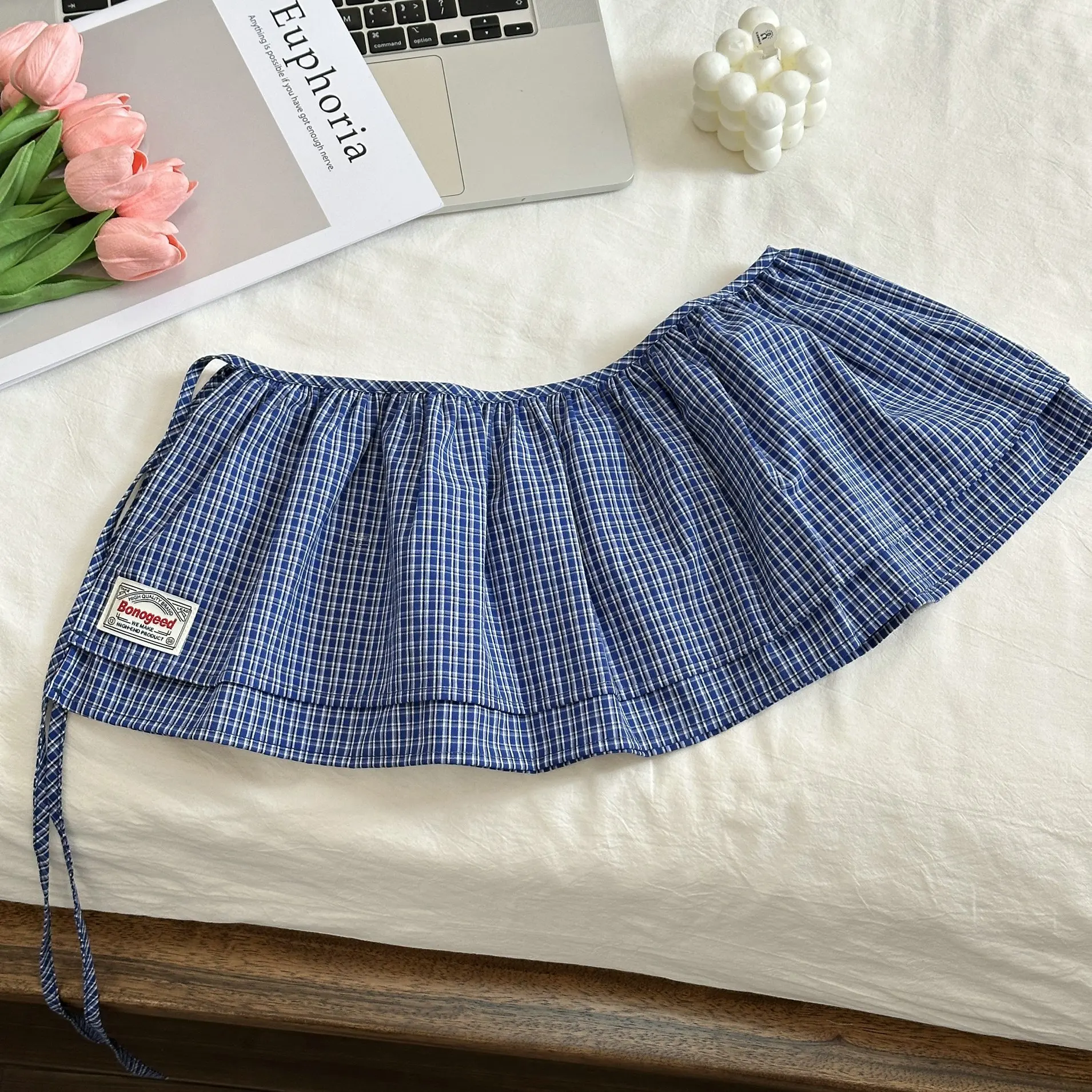 Korea Style 2025 New Fashionable Retro Lace-up Plaid Decorative Double-Layer Fart Curtain Cotton Skirt Women's Fashion Skirt