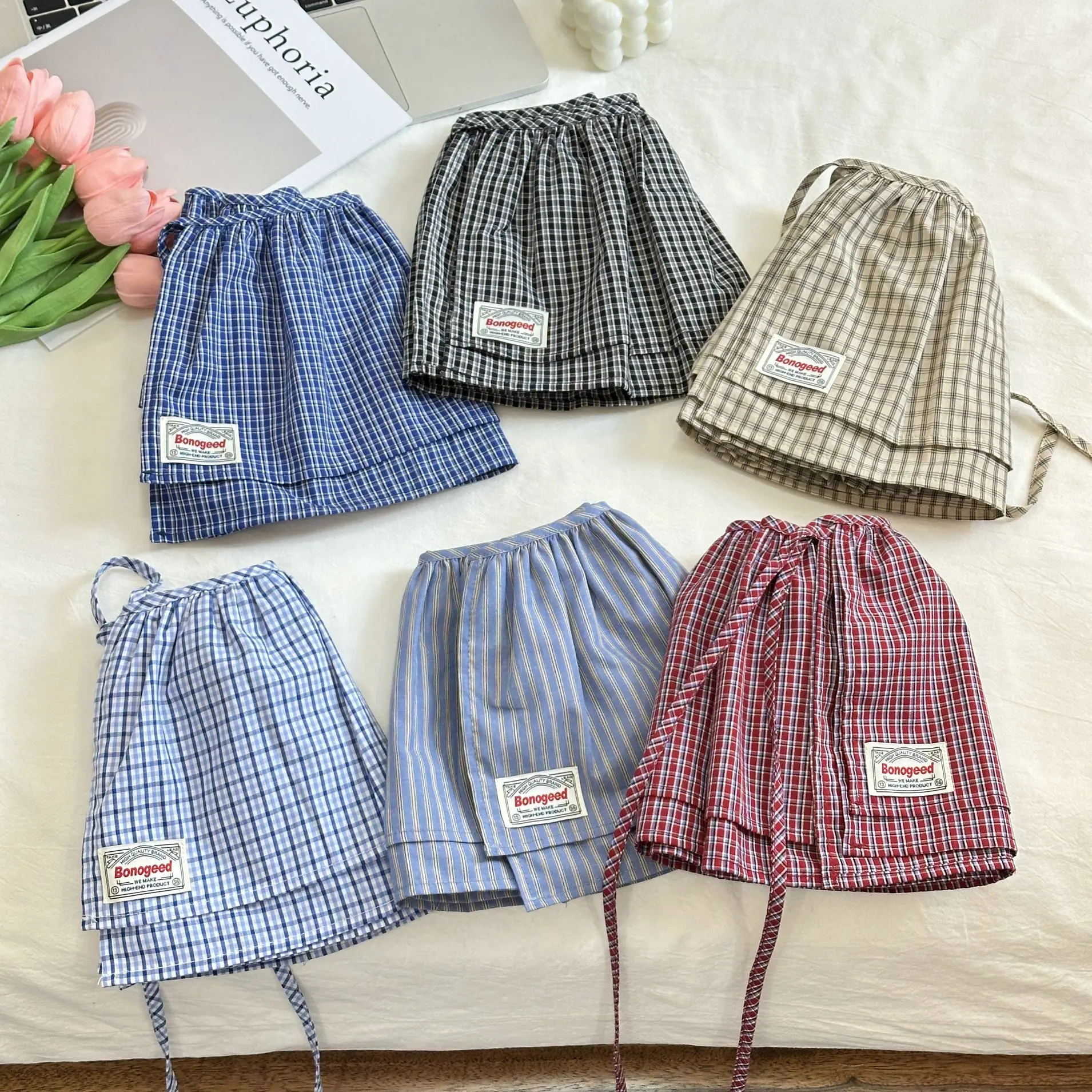 Korea Style 2025 New Fashionable Retro Lace-up Plaid Decorative Double-Layer Fart Curtain Cotton Skirt Women's Fashion Skirt