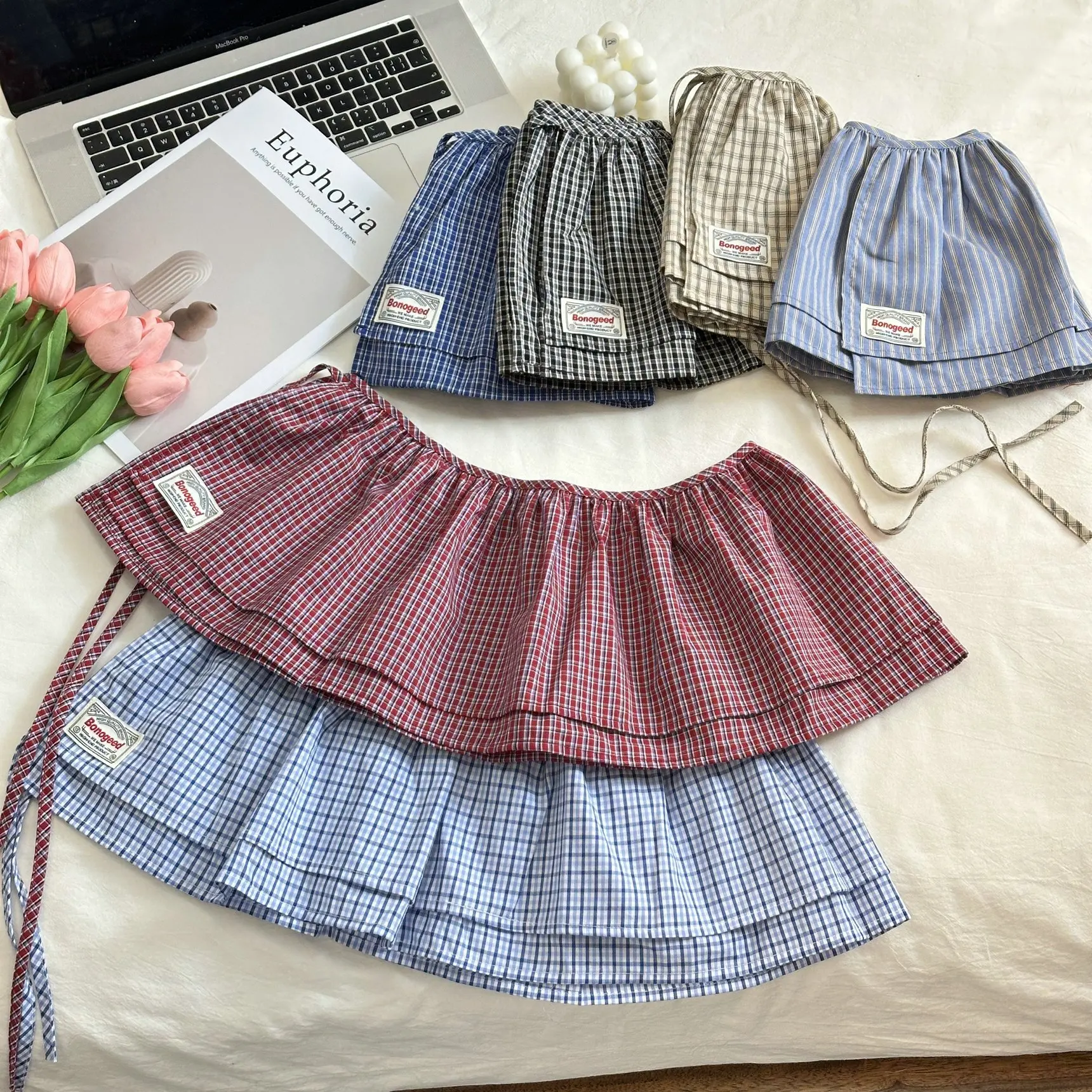 Korea Style 2025 New Fashionable Retro Lace-up Plaid Decorative Double-Layer Fart Curtain Cotton Skirt Women's Fashion Skirt