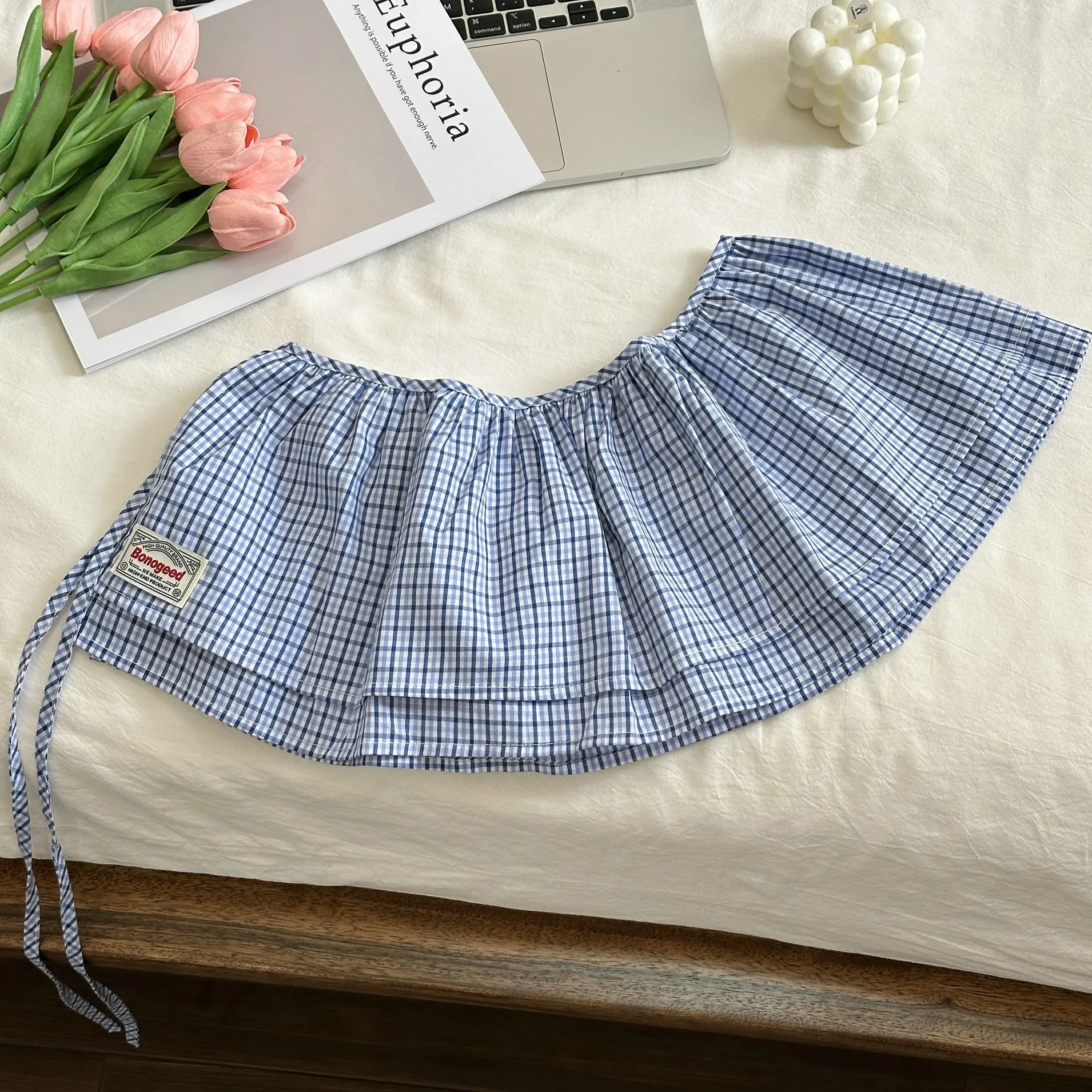 Korea Style 2025 New Fashionable Retro Lace-up Plaid Decorative Double-Layer Fart Curtain Cotton Skirt Women's Fashion Skirt