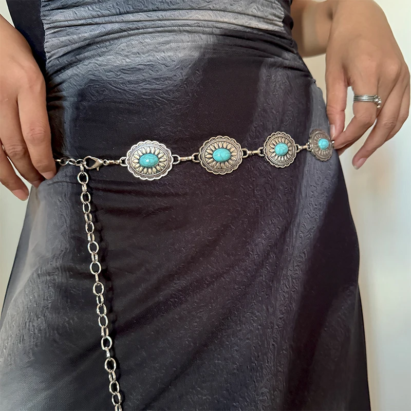 Fashion Silver Bohemian Female Circular Waist Chain Luxury Blue Gemstone Ellipse Chain Belts for Women Suitable for Skirts Dress