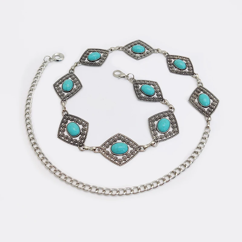 Fashion Silver Bohemian Female Circular Waist Chain Luxury Blue Gemstone Ellipse Chain Belts for Women Suitable for Skirts Dress