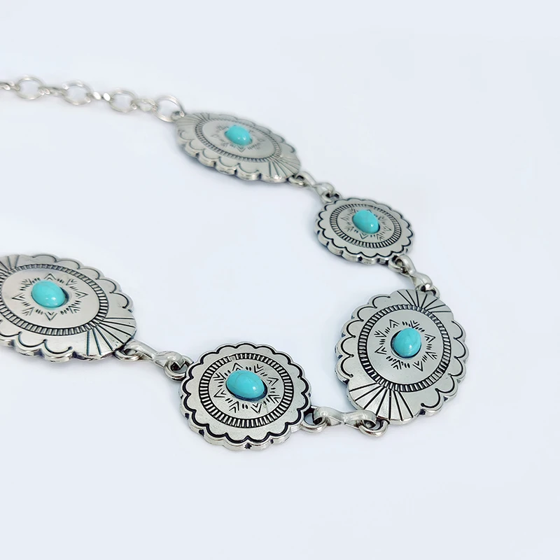 Fashion Silver Bohemian Female Circular Waist Chain Luxury Blue Gemstone Ellipse Chain Belts for Women Suitable for Skirts Dress